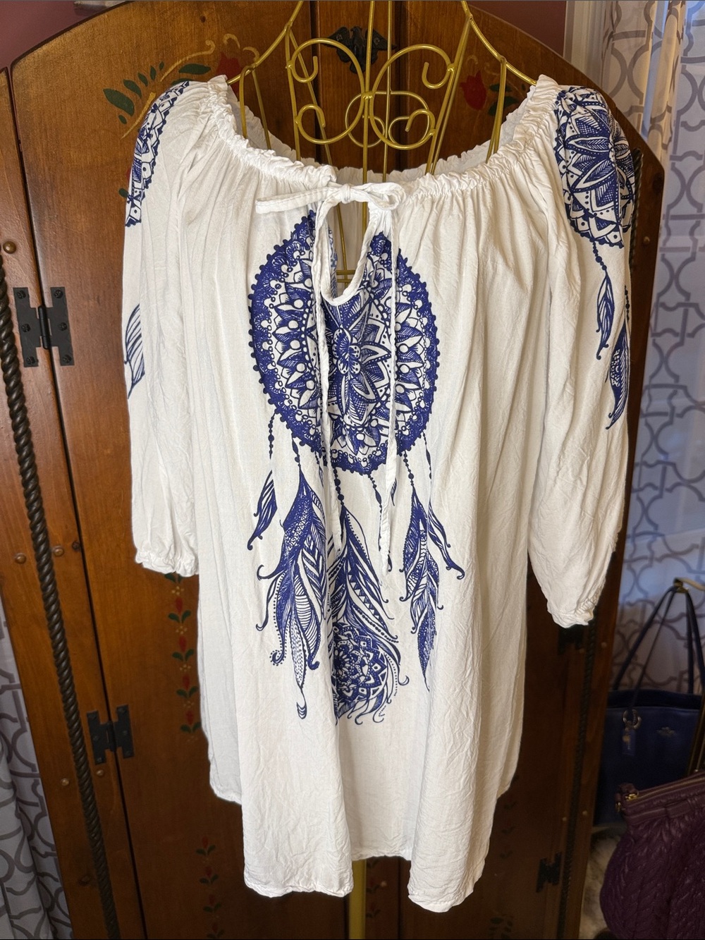White Peasant Top with Blue Dreamcatcher Print viscose Xl sku6